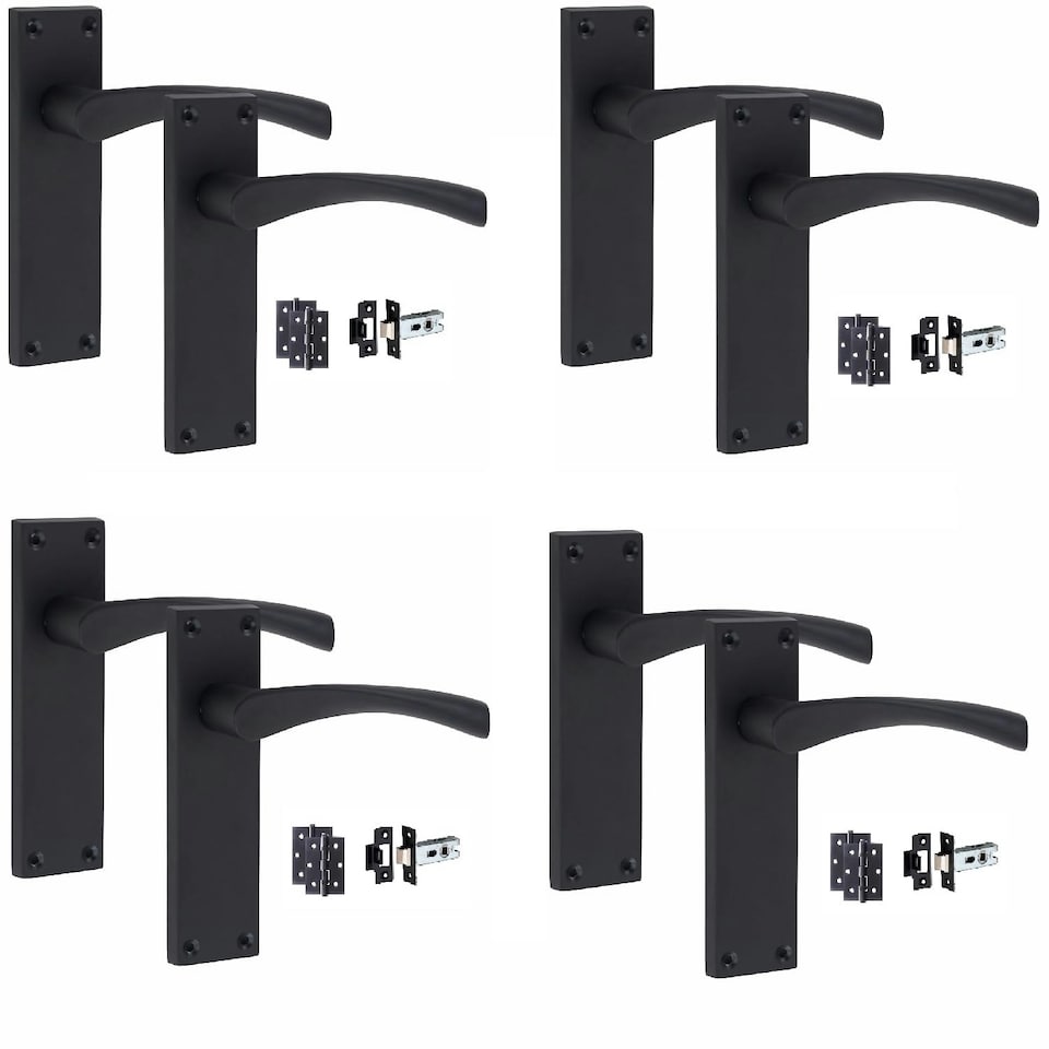 image 1 of Golden Grace 4 Sets Victorian Scroll Astrid Door Handles in Matt Black with 1 Pair of 3" Ball Bearing Hinges & Latches Pack - 150mm x 40mm Backplate | Black | 4 Set