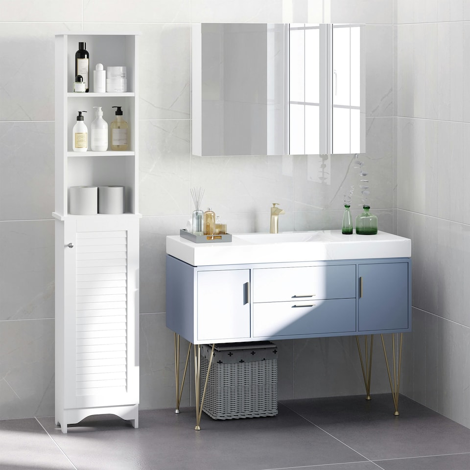 image 1 of HOMCOM 165cm Freestanding Slimline Bathroom Storage Cabinet w/ 6 Shelves White