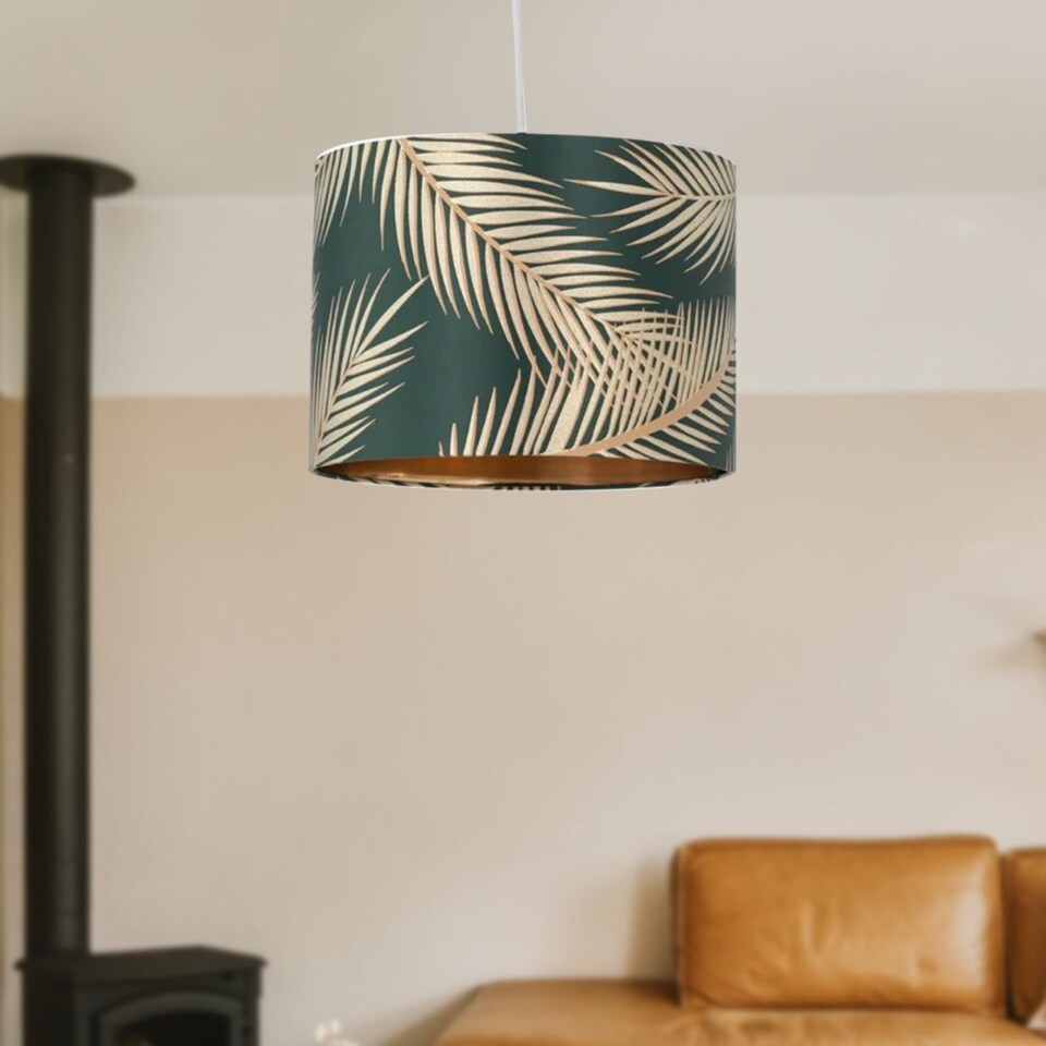 image 1 of Tropica - Dark Green with Gold Embossed Leaf Detail 30cm Pendant Shade | Green | Large | 1
