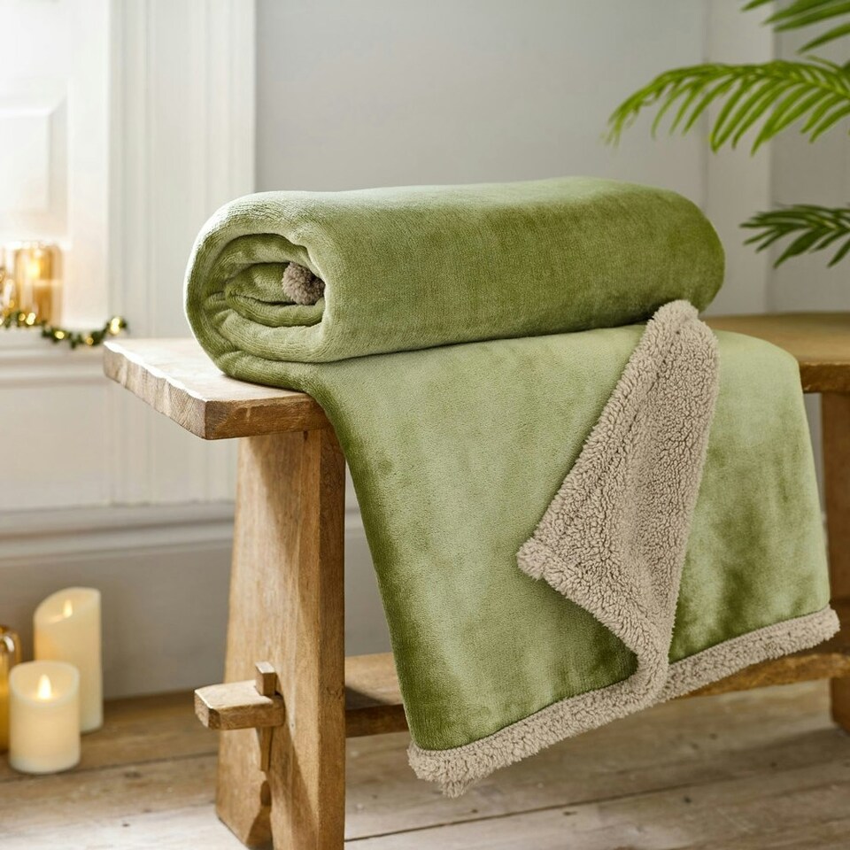 image 1 of Hazelwood Flannel & Sherpa Throw – 130x170cm Reversible Soft Fleece Blanket Brown | Sage