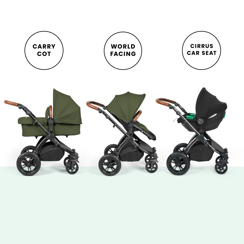 image 1 of Stomp Luxe 12pc Travel System with Cirrus i-Size Car Seat & ISOFIX Base, Carrycot, Reversible Seat, Rain Cover & More (Black/Woodland/Tan)