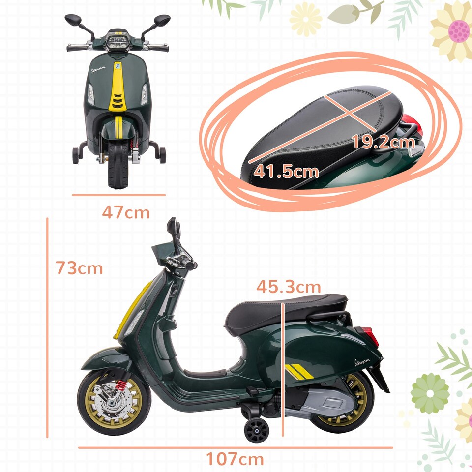 image 1 of AIYAPLAY Vespa Licensed 12V Kids Electric Bike w/ 2 Training Wheels, Green