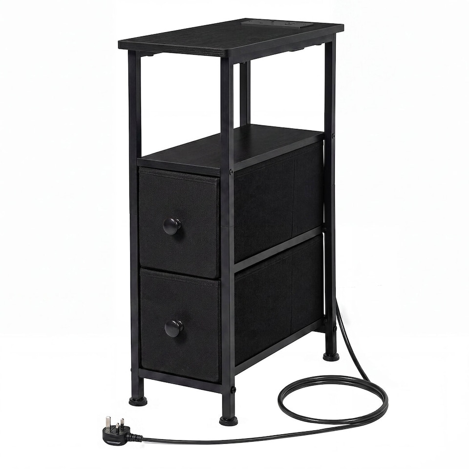 image 1 of Levede Bedside Table Narrow Side Table with LED Charging Station Storage Black