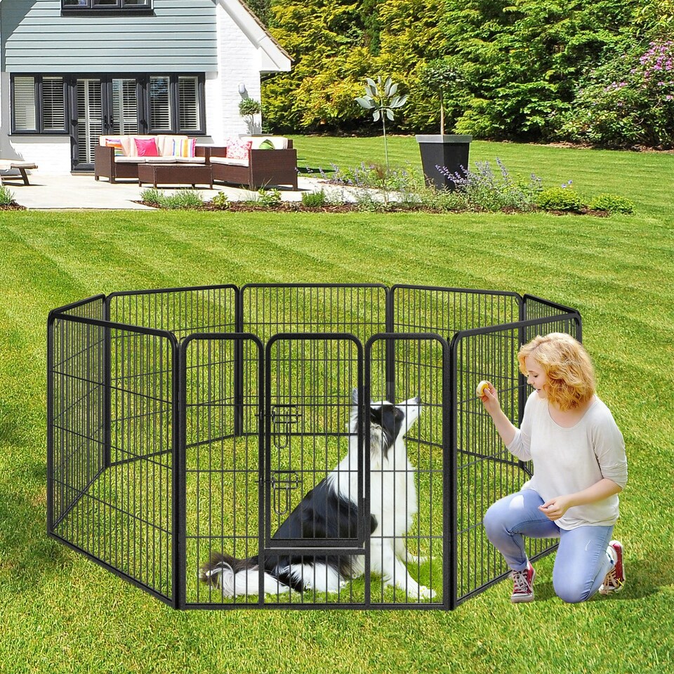 image 1 of COSTWAY 8 Panel 80cm Height Pen Fence w/ Lock Black Black