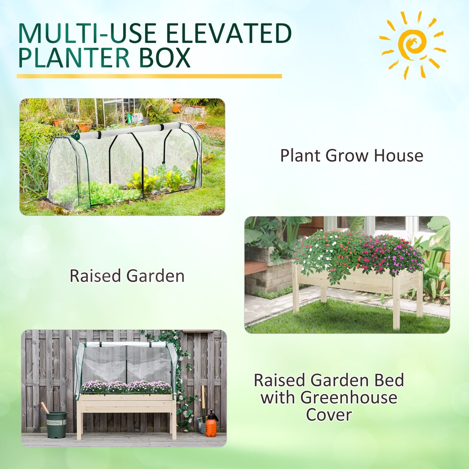 image 1 of Outsunny Raised Garden Bed w/ PE Cover Patio Elevated Wood Planter Box Natural