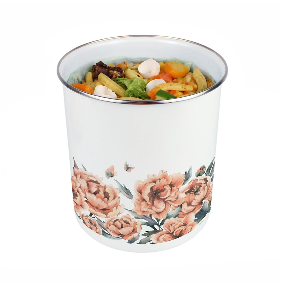 image 1 of Peach Peonies Food Waste Caddy - Metal 2L Decorative Kitchen Compost Bin