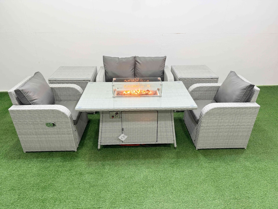 image 1 of Fimous Light Grey PE Wicker Rattan Garden Furniture Set Sofa Set Reclining Chair Firepit Dining Table 4 Seater With 2 Side Table