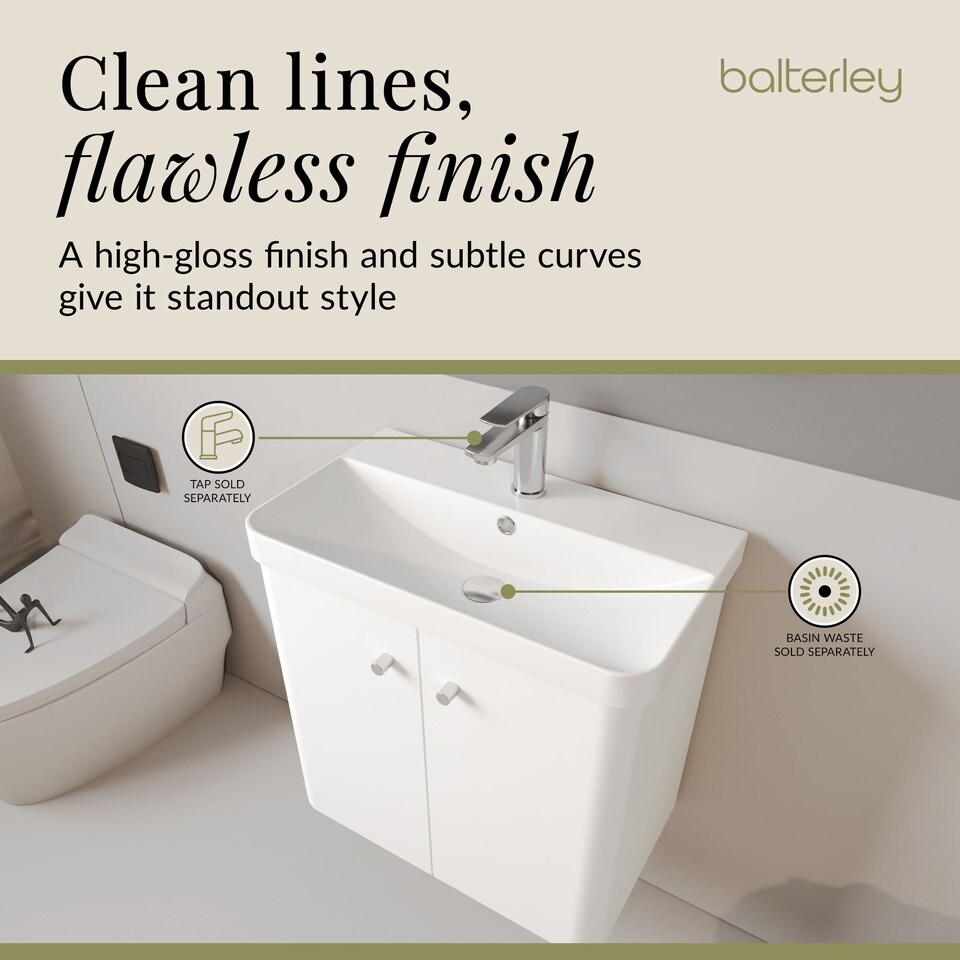 image 1 of Modern Bathroom Wall Hung 2 Door Vanity Unit Basin, Gloss White, 605mm | White | Gloss White | 355 x 605 x 589mm