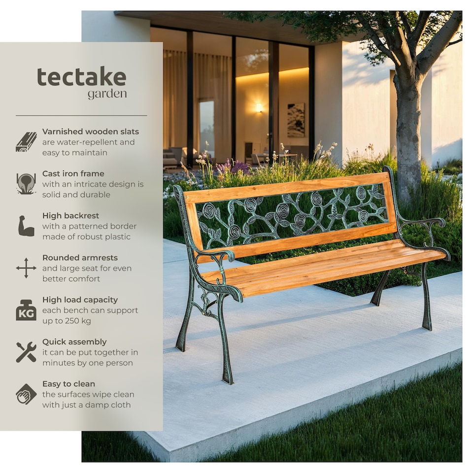 image 1 of Garden Bench Marina - 2-seater, wood and cast iron, 124 x 52 x 74 cm | Brown | brown | 1