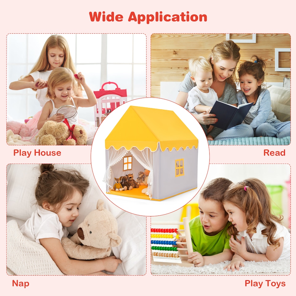 image 1 of COSTWAY Kids Play Tent Indoor Playhouse with Padded Mat-Yellow