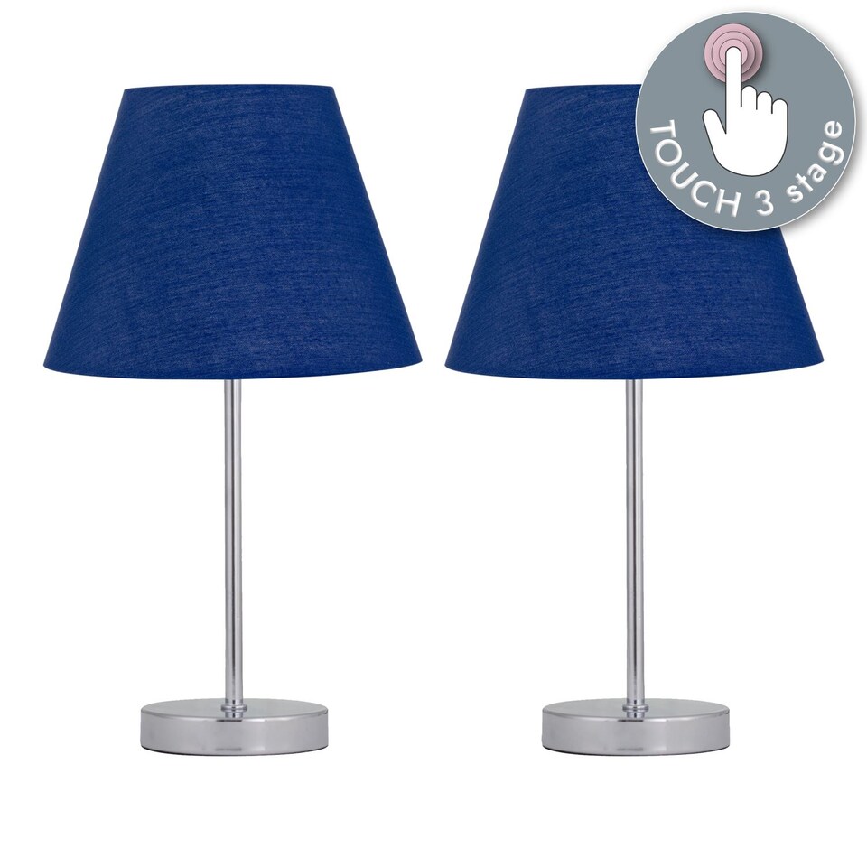 image 1 of Set of 2 Chrome Touch Operated Table Lamps with Navy Blue Shades