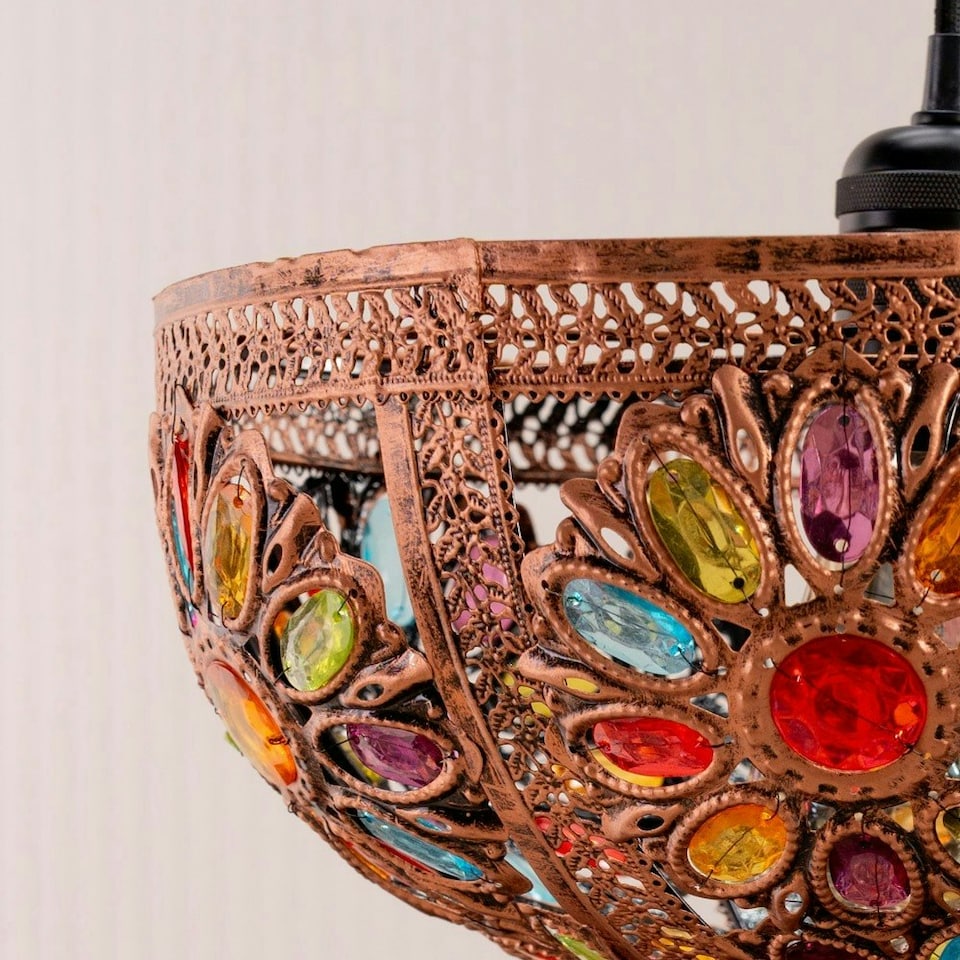 image 1 of ValueLights Samia Bronze Uplighter Ceiling Light Shade with Multi Coloured Jewels