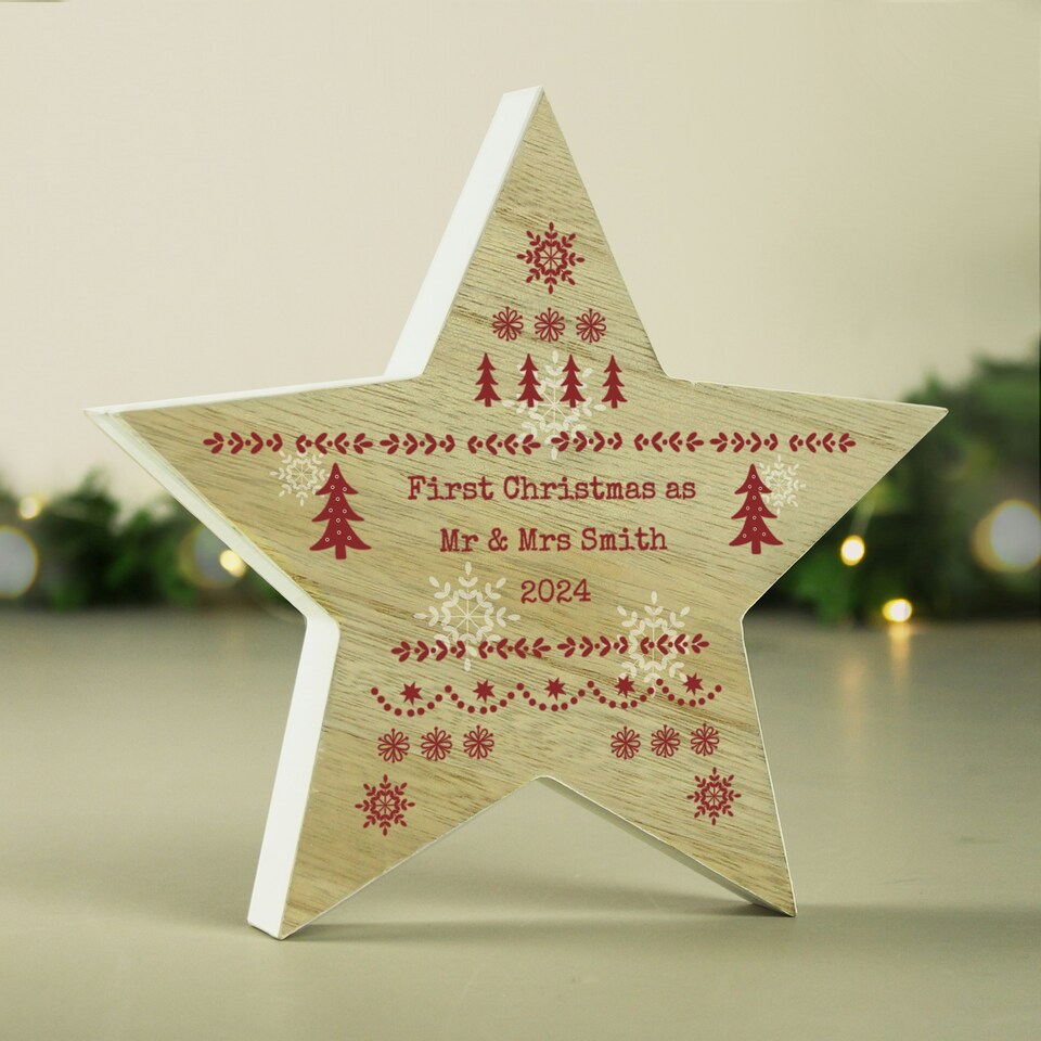 image 1 of Personalised Christmas Fair Isle Wooden Star Ornament