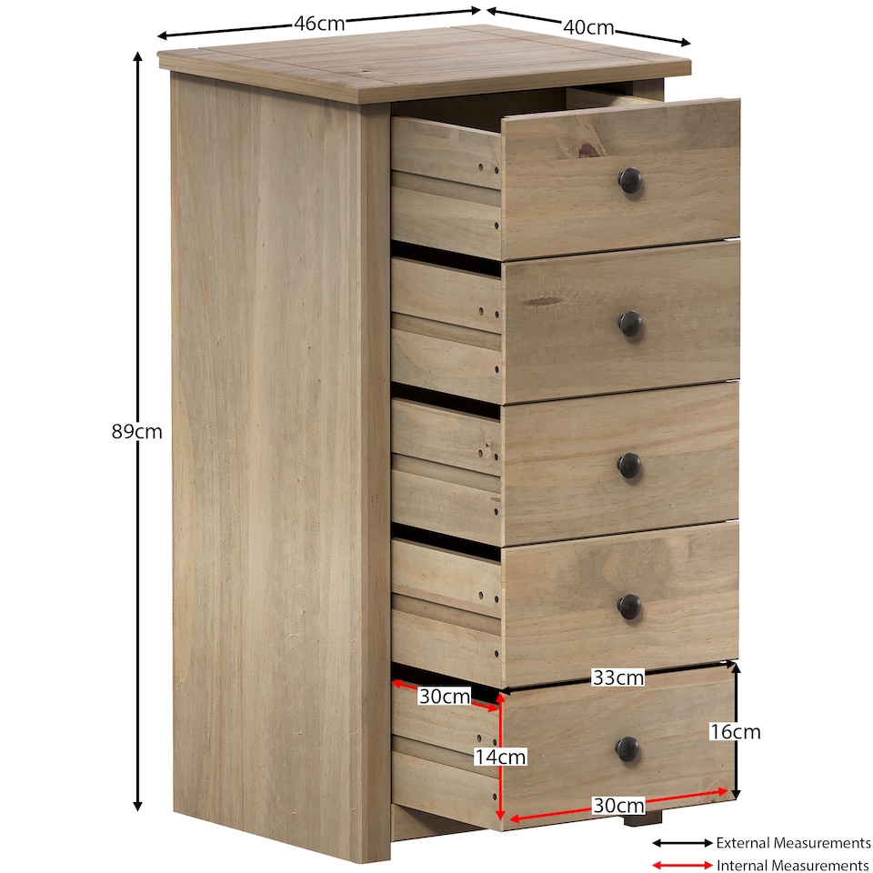 image 1 of Vida Designs Panama 5 Drawer Narrow Chest of Drawers Bedroom Storage, Solid Pine Wood