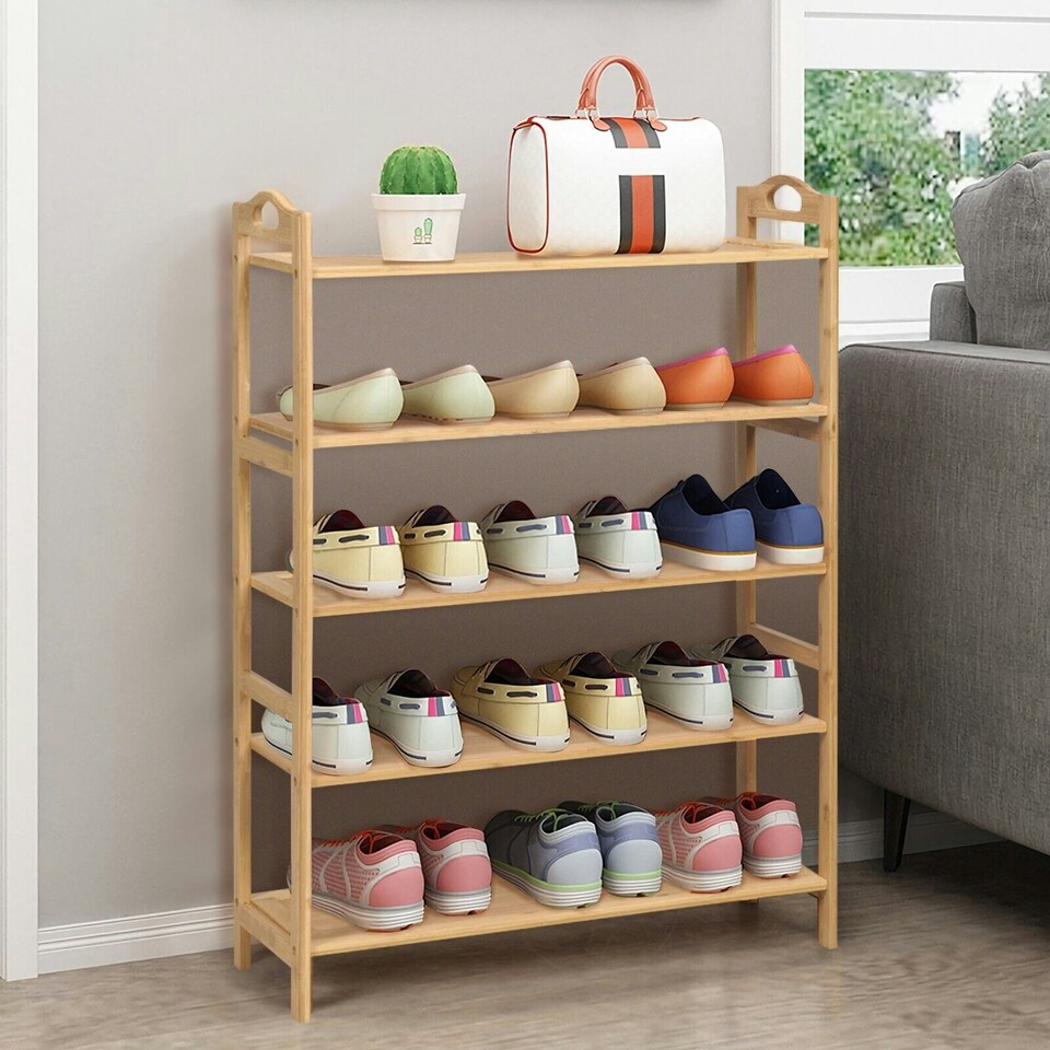 image 1 of COSTWAY 5-Tier Shoe Rack Organizer Wooden Display Shelf Brown