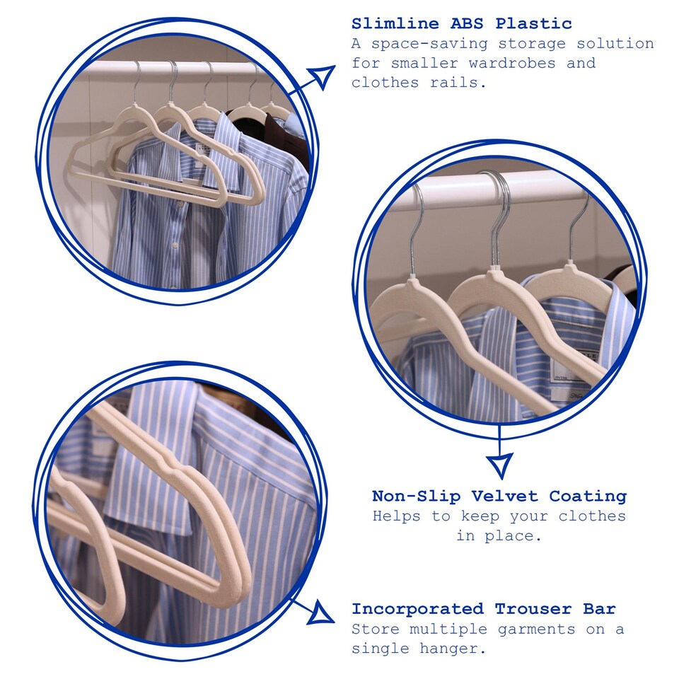image 1 of Harbour Housewares 100x Velvet Hangers - 45cm - Blue - Non-Slip Coat Hangers with Trouser Bar Clothes Bar 360 Degree Swivel Hook