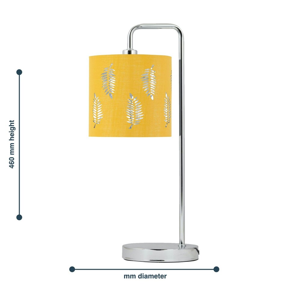 image 1 of First Choice Lighting Chrome Arched Table Lamp with Ochre Fern Cut Out Shade Chrome | Yellow