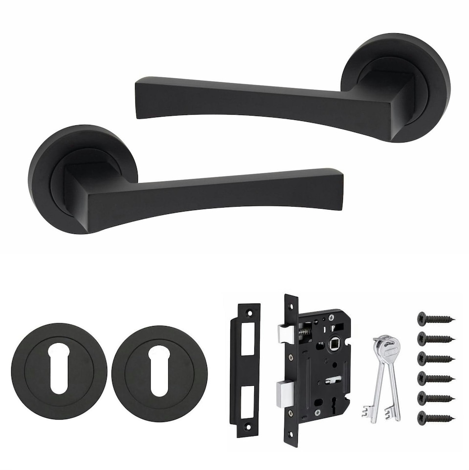 image 1 of Golden Grace Wave Handle Set on Round Rose in Matt Black Finish with 64mm 3 Lever Mortise Lock and Key Hole | Black | 1 Set
