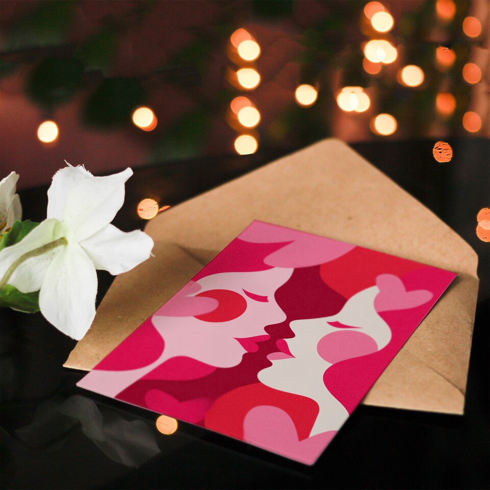 image 1 of Kissing Women Bold Pink Love Modern Abstract Valentine's Day Card