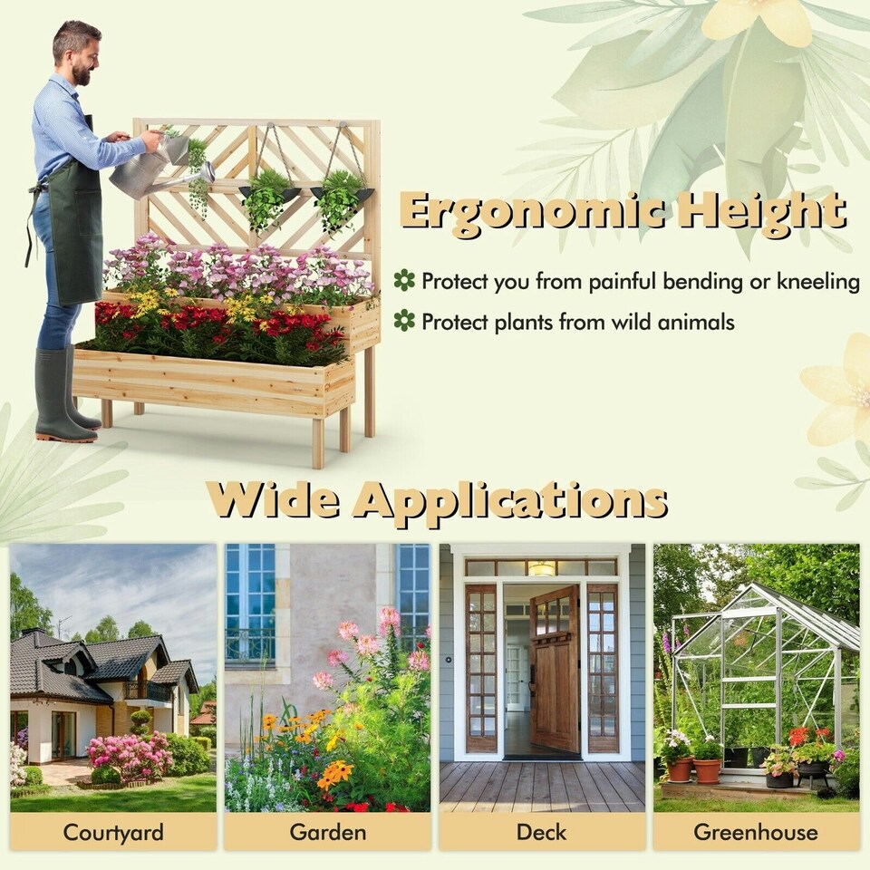 image 1 of COSTWAY Raised Garden Bed w/Trellis Elevated Planter Box Natural