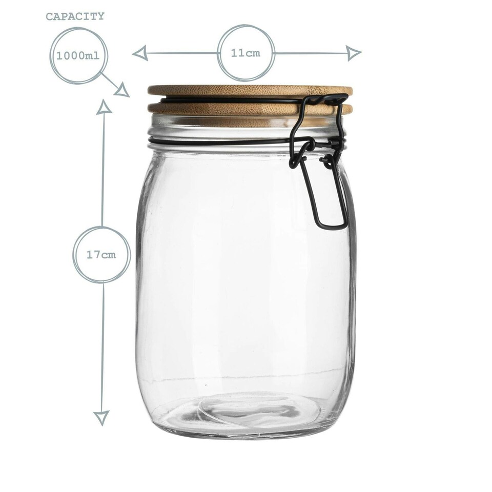 image 1 of Argon Tableware Wooden Clip Lid Storage Jars - 1 Litre - Clear Seal - Pack of 6