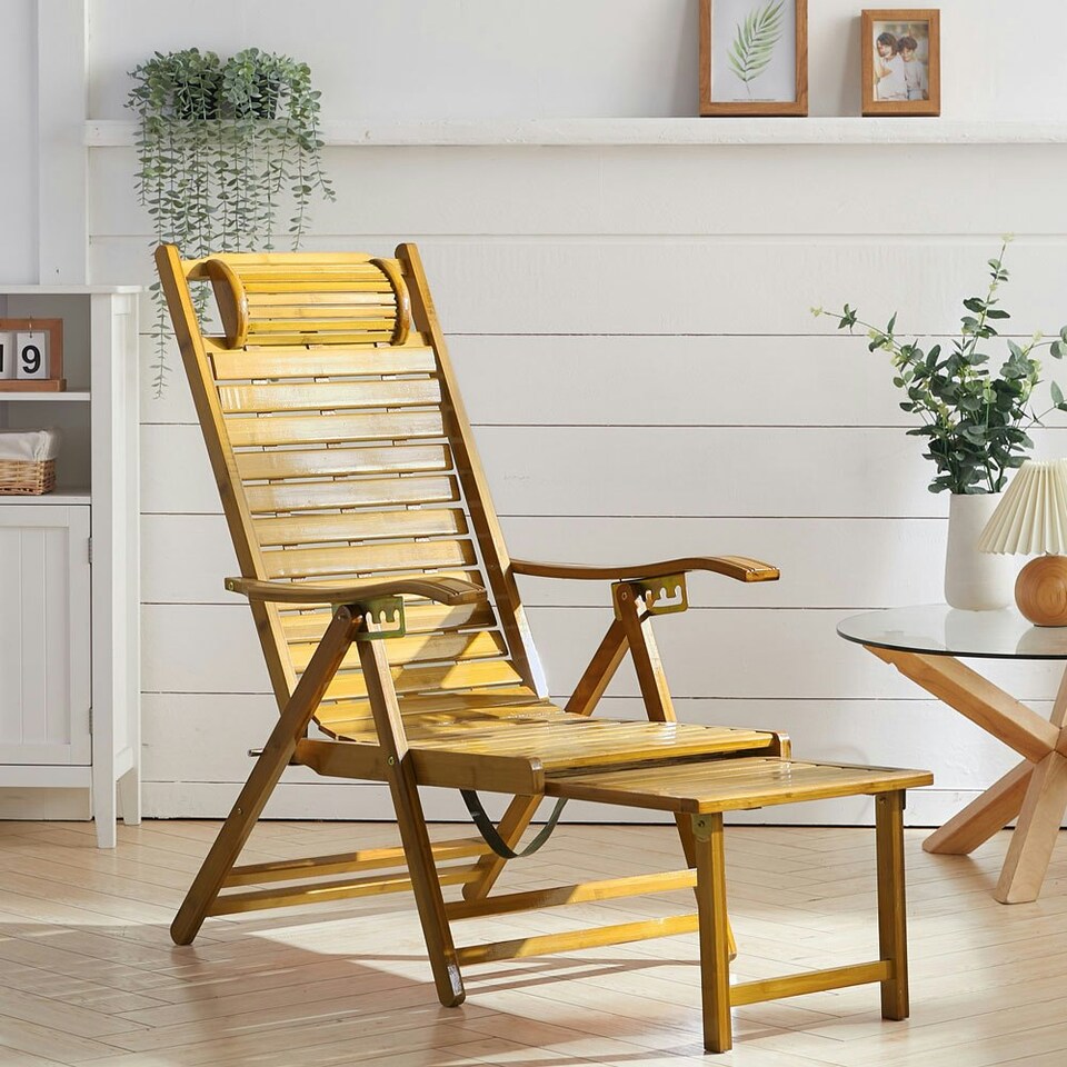 image 1 of Living and Home Bamboo Foldable Recliner Lounge Chair with Retractable Footrest | Brown
