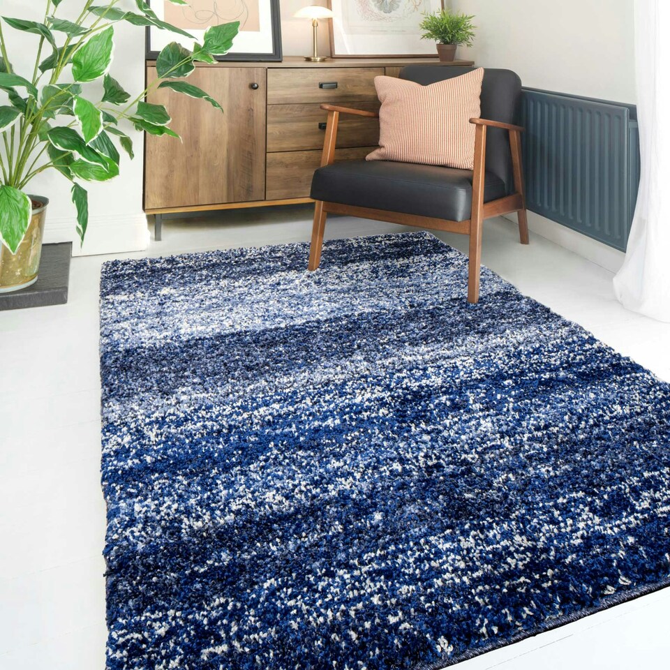 image 1 of KUKOON Navy Blue Striped Mottled Shaggy Area Rug 160cm x 230cm Blue