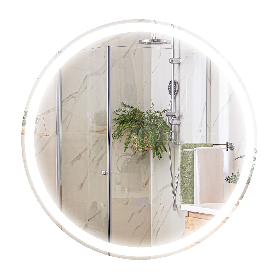 image 1 of kleankin Round Bathroom Mirror with LED Lights, Wall Mount Dimmable Makeup Mirror with 3 Temperature Colours, Defogging Film and Memory Function