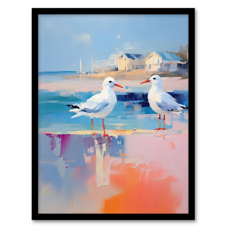 image 1 of Seagull Birds Pastel Colour Pink Orange Home Decor Black Framed Wall Art Print A4