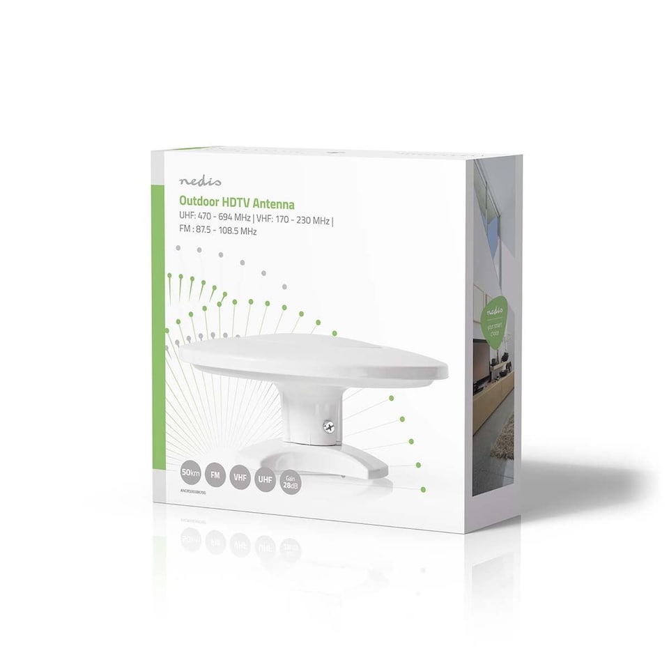 image 1 of Nedis High Gain 28dB Indoor/Outdoor HDTV Antenna Digital Freeview TV Aerial, 50km Range Reciever for DVB-T/DVB-T2/VHF/UHF/FM Signals, with 4G LTE LTE700 Filter