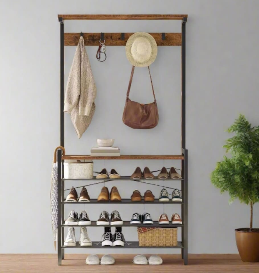 image 1 of Entryway Coat Rack Stand with Shoe Storage Shelves – Industrial Hallway Organiser