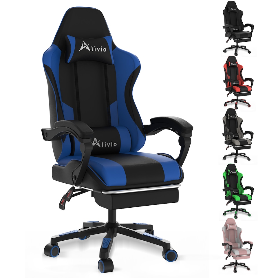 image 1 of Alivio Ergonomic Gaming Chair with Massage Lumbar Cushion & Retractable Footrest, PU Leather Video Game Chair (Blue)