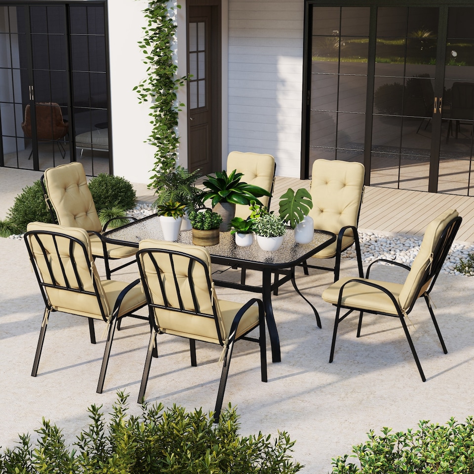 image 1 of Outsunny 7 PCs Garden Dining Set w/ Umbrella Hole & Cushion, Beige