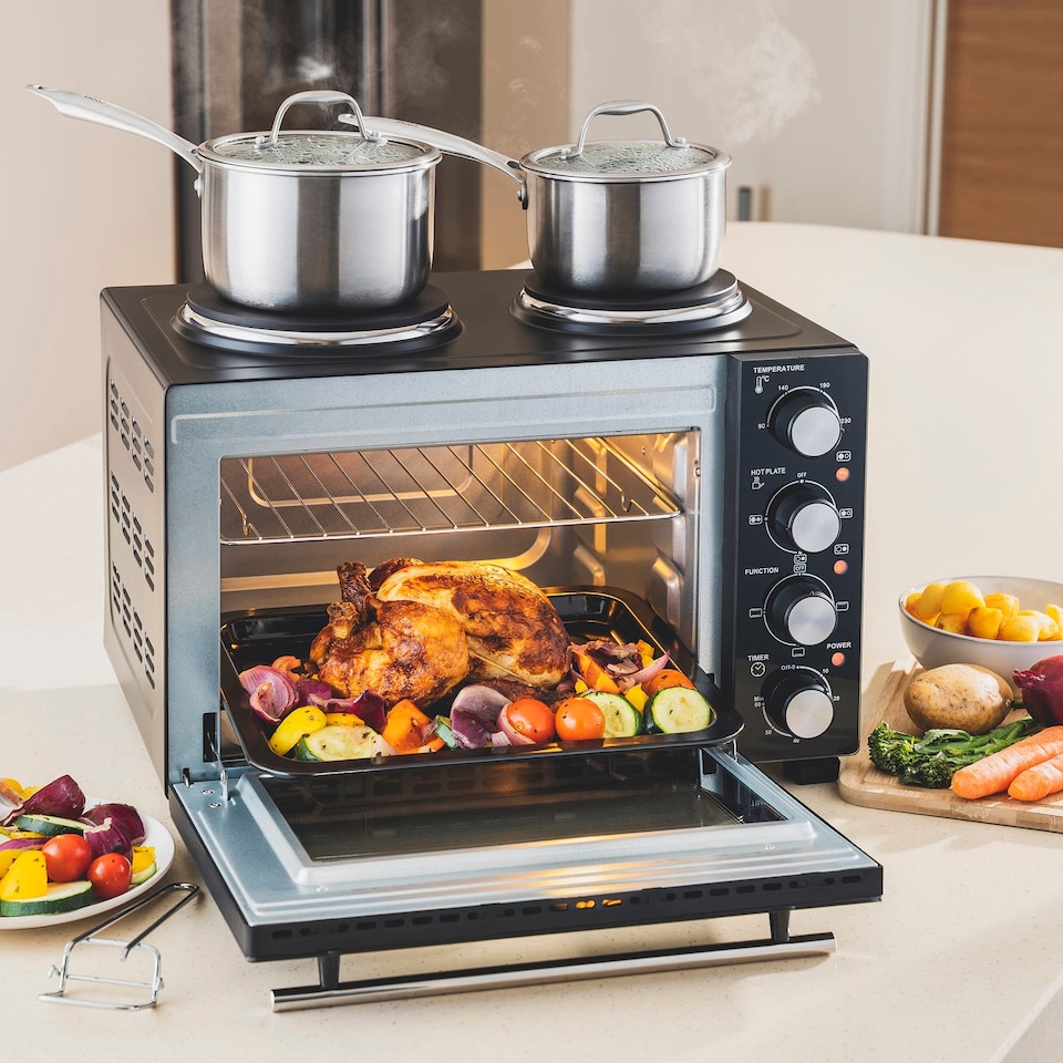 image 1 of Cooks Professional 28L Mini Oven with 2 Hobs - Electric Multifunction Countertop Cooker | Black | Black & Silver
