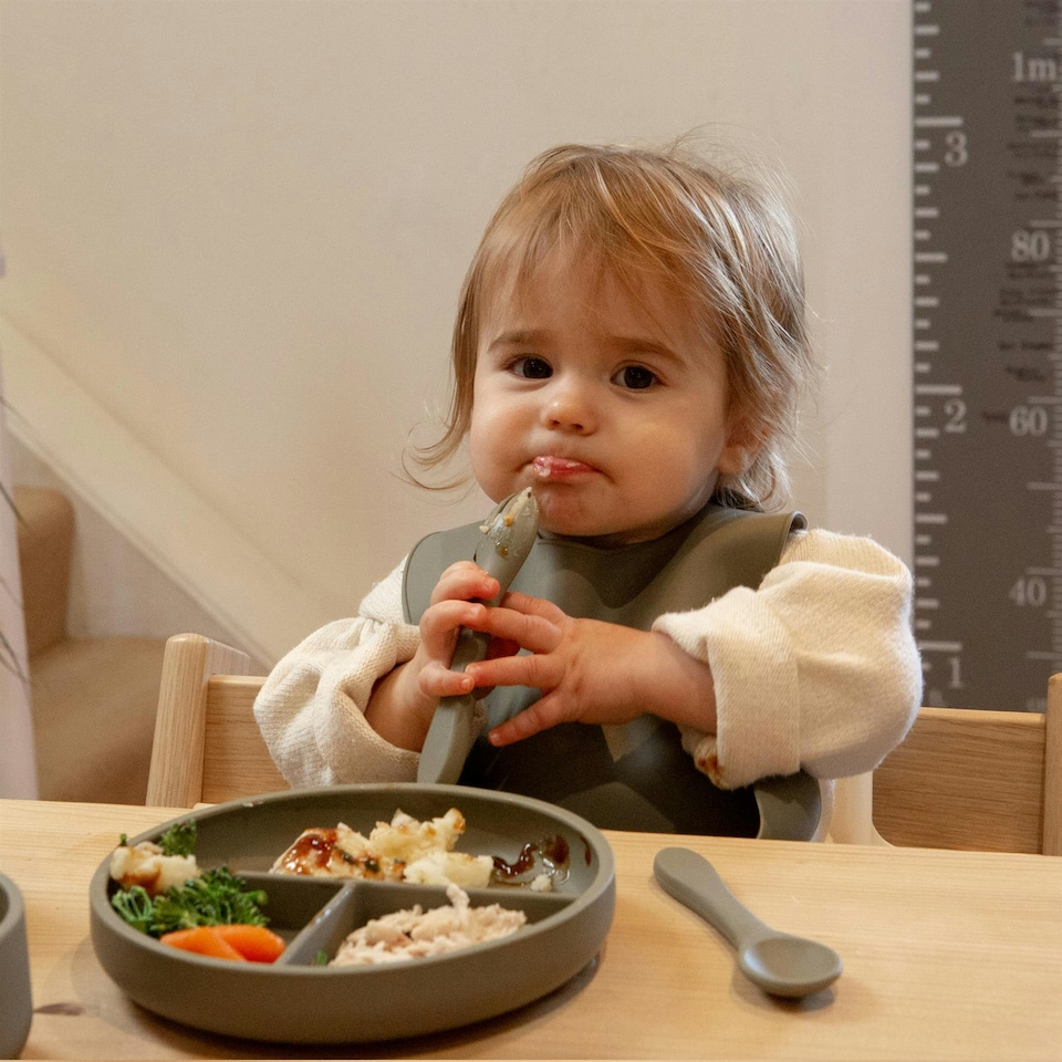 image 1 of Tiny Dining Baby Silicone Suction Plate, Fork & Spoon Set - Silver Sage