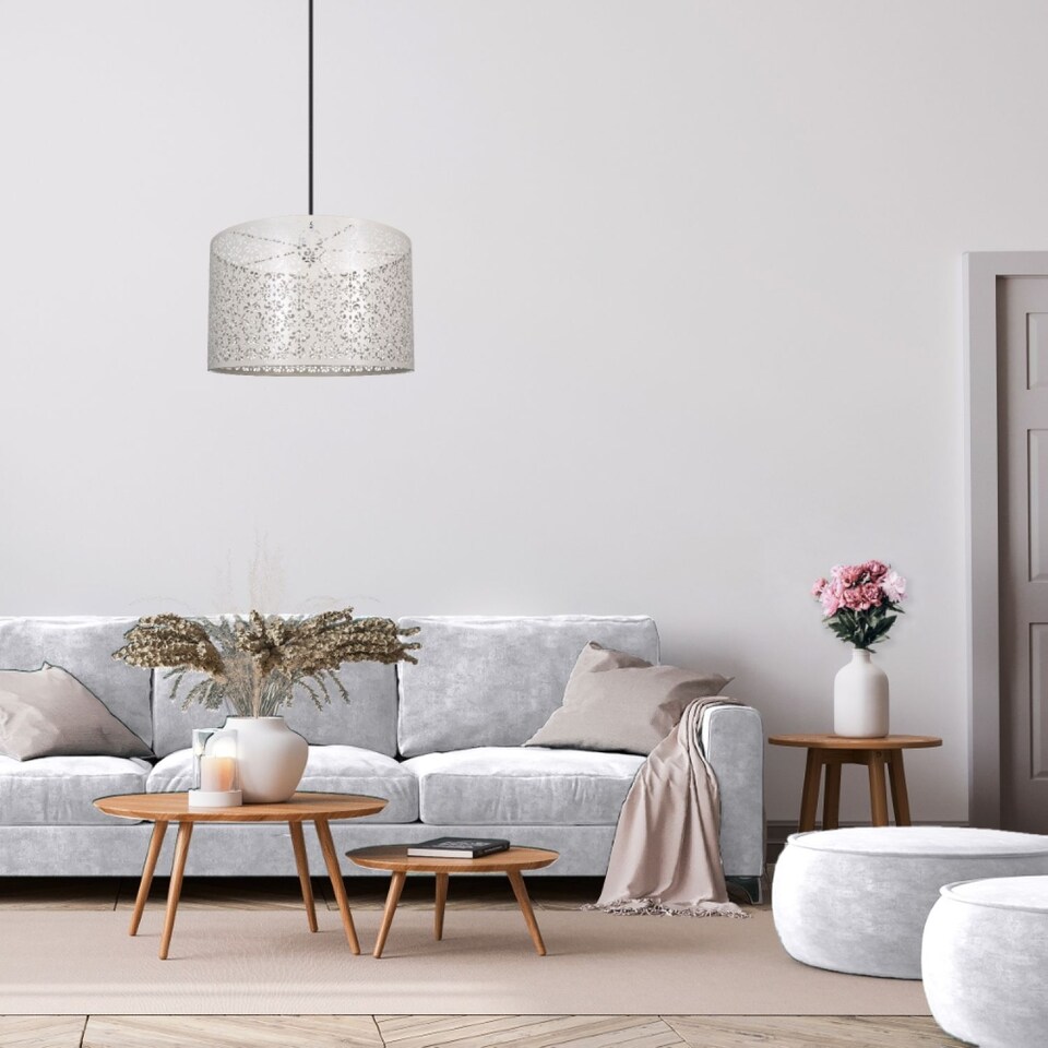 image 1 of Moroccan Designed Large Cream Metal Pendant Light Shade with Floral Decoration | Cream | Cream | 1