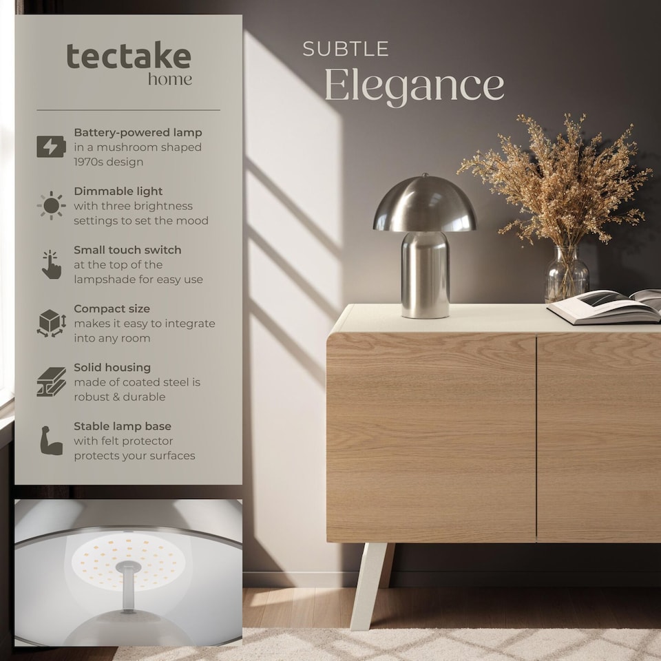 image 1 of Table Lamp Kade - retro design, 3 brightness levels, battery-powered | Silver | nickel matt | 25 x 25 x 34 cm | 1