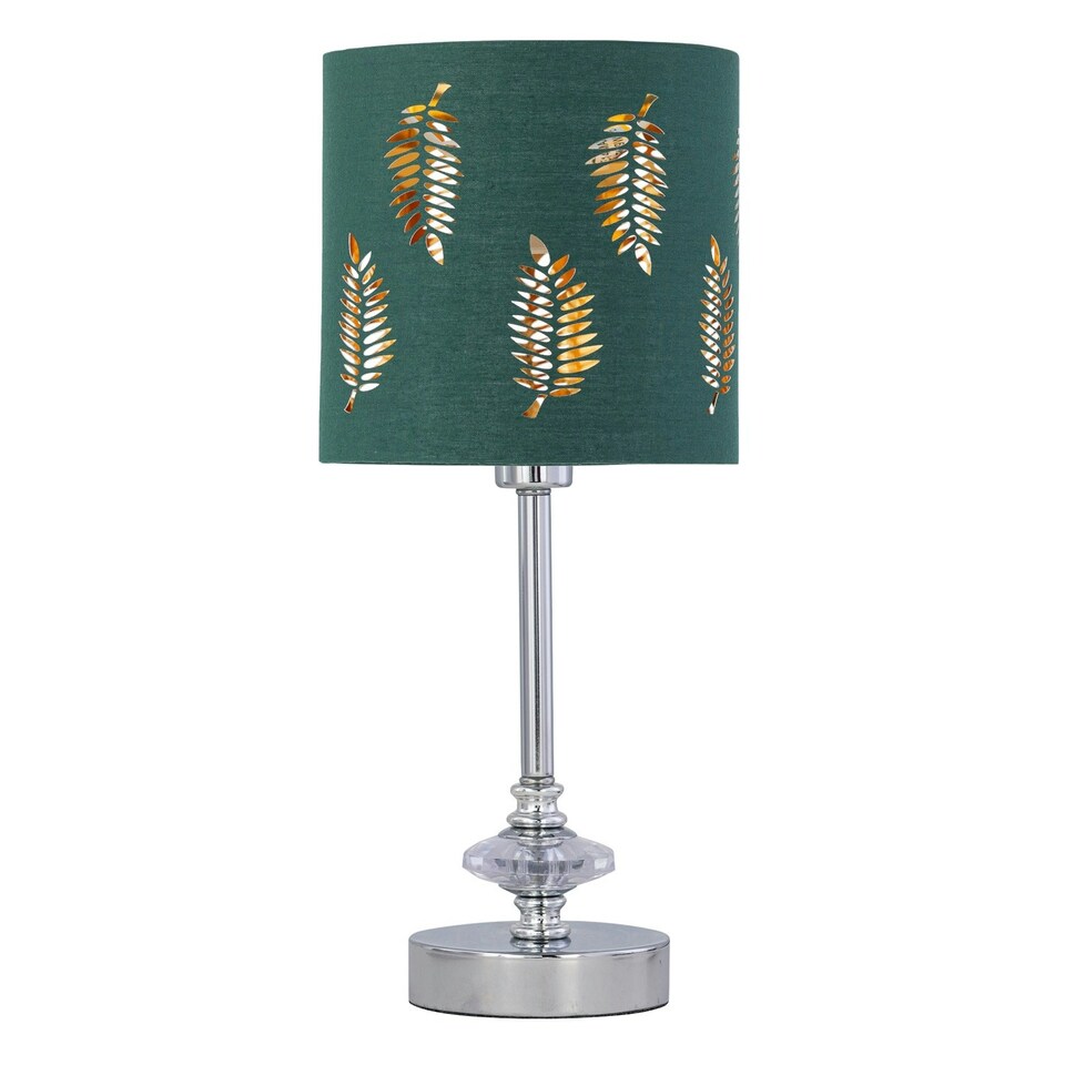 image 1 of First Choice Lighting Set of 2 Chrome Jewelled Table Lamps with Dark Green Fern Shades Chrome | Green
