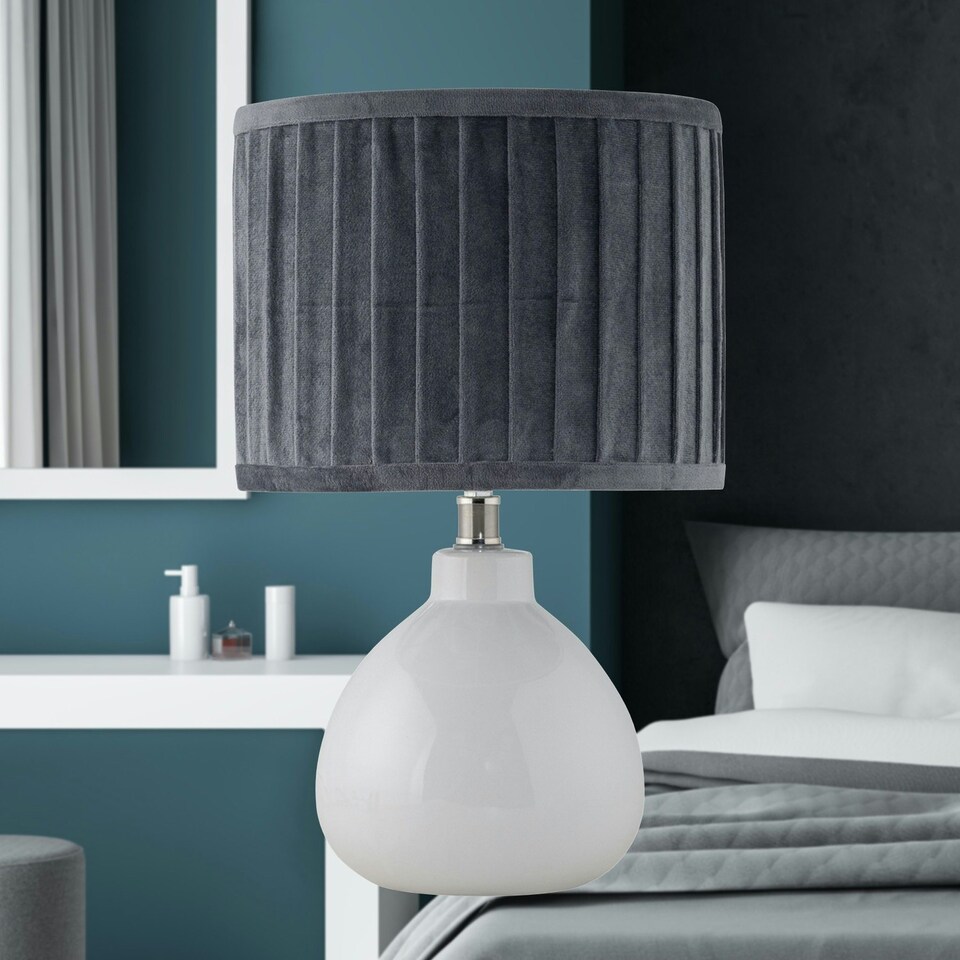 image 1 of First Choice Lighting Tuscan White Ceramic Lamp with Grey Pleated Velvet Shade White | Grey