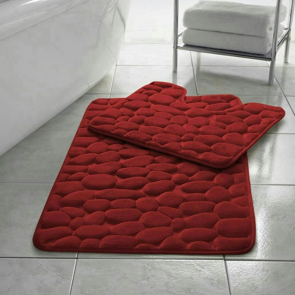 image 1 of Memory Foam Pebbles Bath Mat Set Red