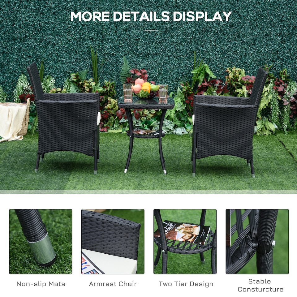image 1 of Outsunny 3 Pieces Rattan Bistro Set, Wicker Garden Furniture Set with 2 Tier Coffee Table and Chairs, Cushions, for Outdoor Patio Balcony, Black