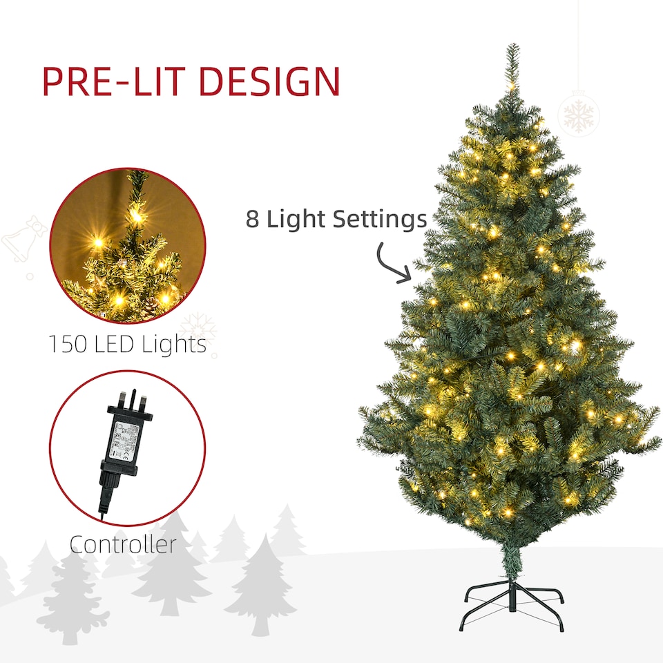 image 1 of HOMCOM 6ft Pre Lit Artificial Christmas Tree Holiday Decor with 150 Warm White LED Lights and 650 Tips, Banner, Ball, Tag, Tree Decoration, Auto Open