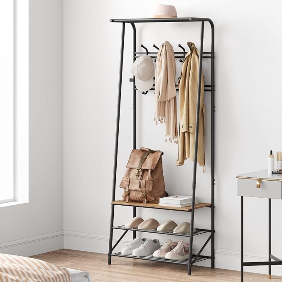 image 1 of London Boutique 4-in-1 Hall Tree with Bench and Shoe Rack, Double Coat Hooks, 60cm