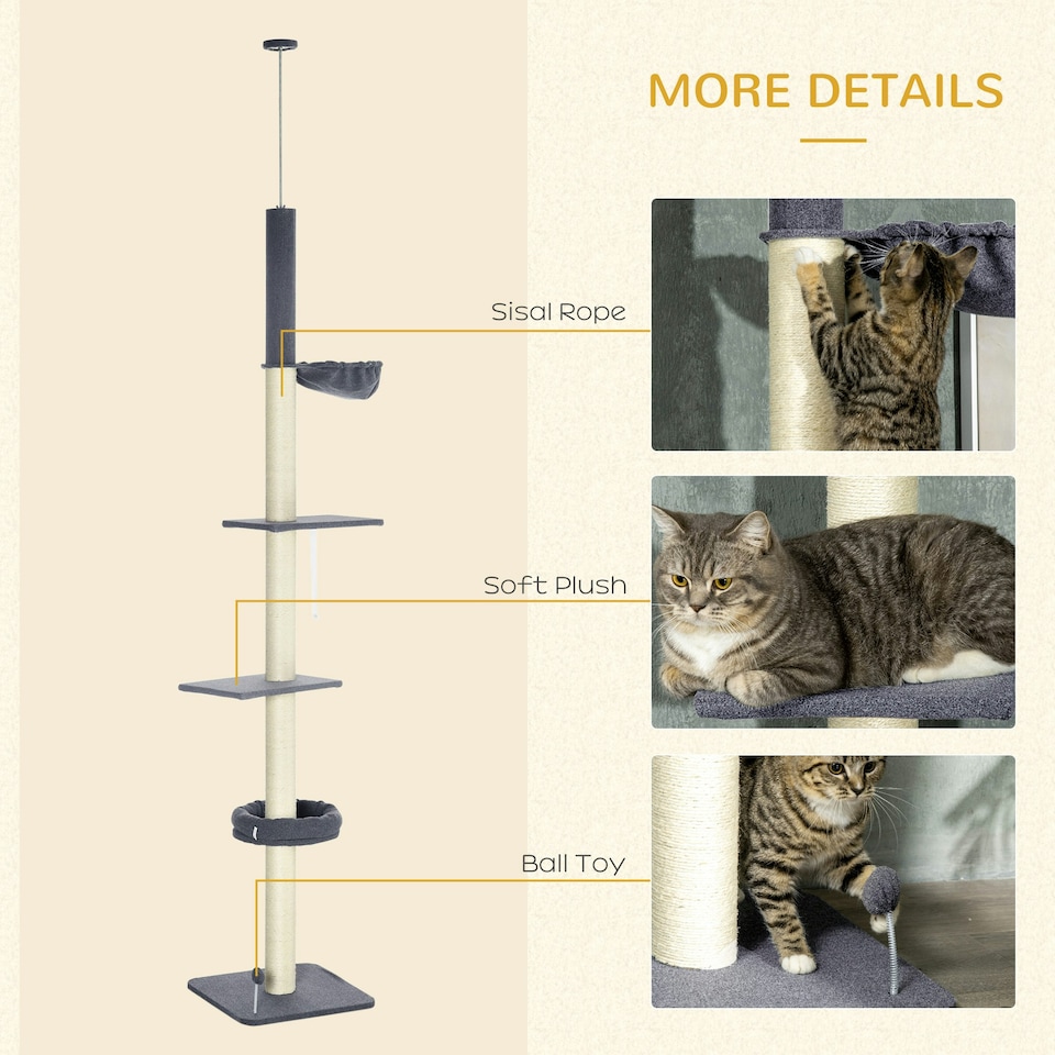 image 1 of PawHut 5 Tier Cat Climbing Tower, 240-270cm Height Adjustable, Dark Grey
