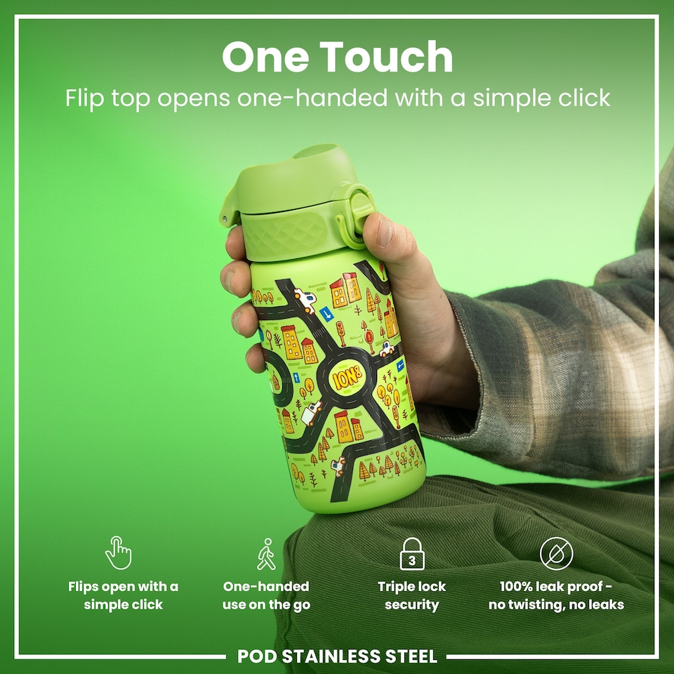 image 1 of Leak Proof Kids Water Bottle, Stainless Steel, 400ml (13oz) | Green | Cars | One Size