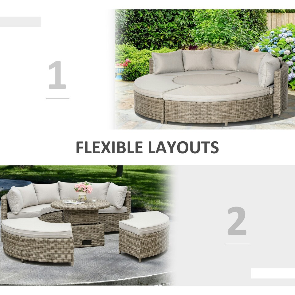 image 1 of Outsunny 5 PCs Outdoor Rattan Lounge Chair Round Daybed Table Set w/ Cushion