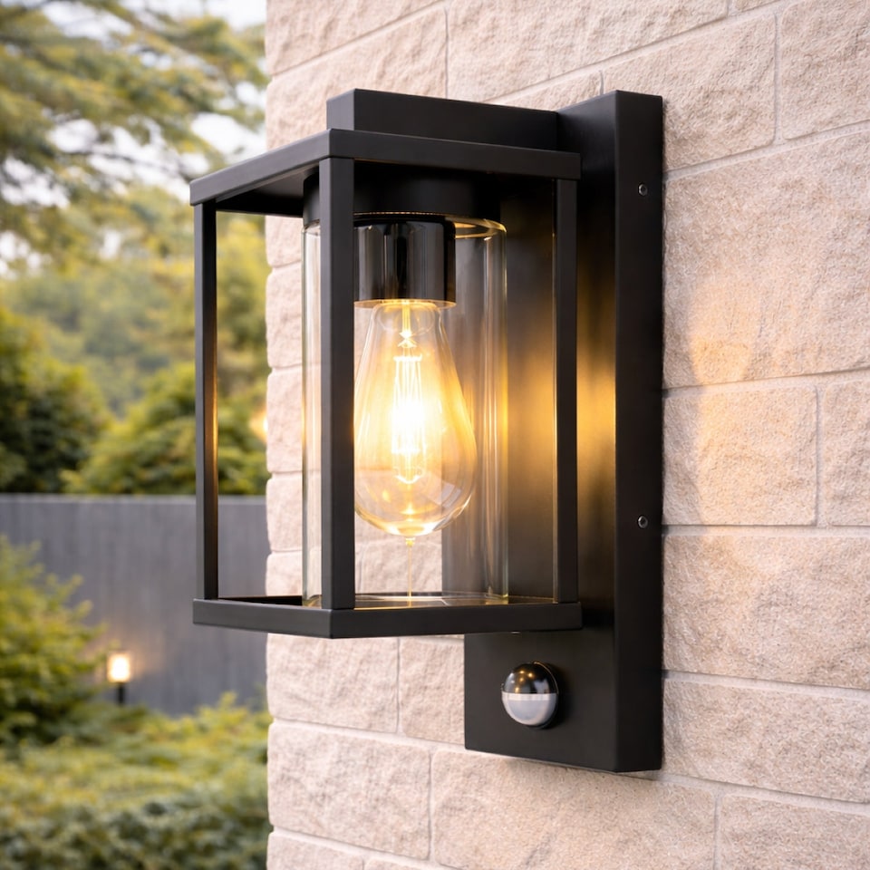 image 1 of CGC ABEL Matt Black Box Lantern Wall Light with PIR Motion Sensor