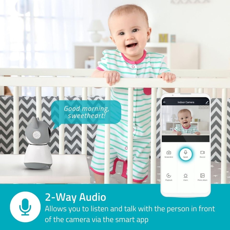 image 1 of NEDIS Smart Wifi Baby Monitor, Indoor Camera Full HD, Night Vision, PTZ, Motion & Sound Detection, 2-Way Audio, Humidity & Temperature Sensor, App Control -White/Grey