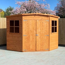 Corner Shed Double Doors Tongue and Groove Garden Shed Workshop Approx 8 x 8 Feet - Honey Brown Timber Basecoat Brown