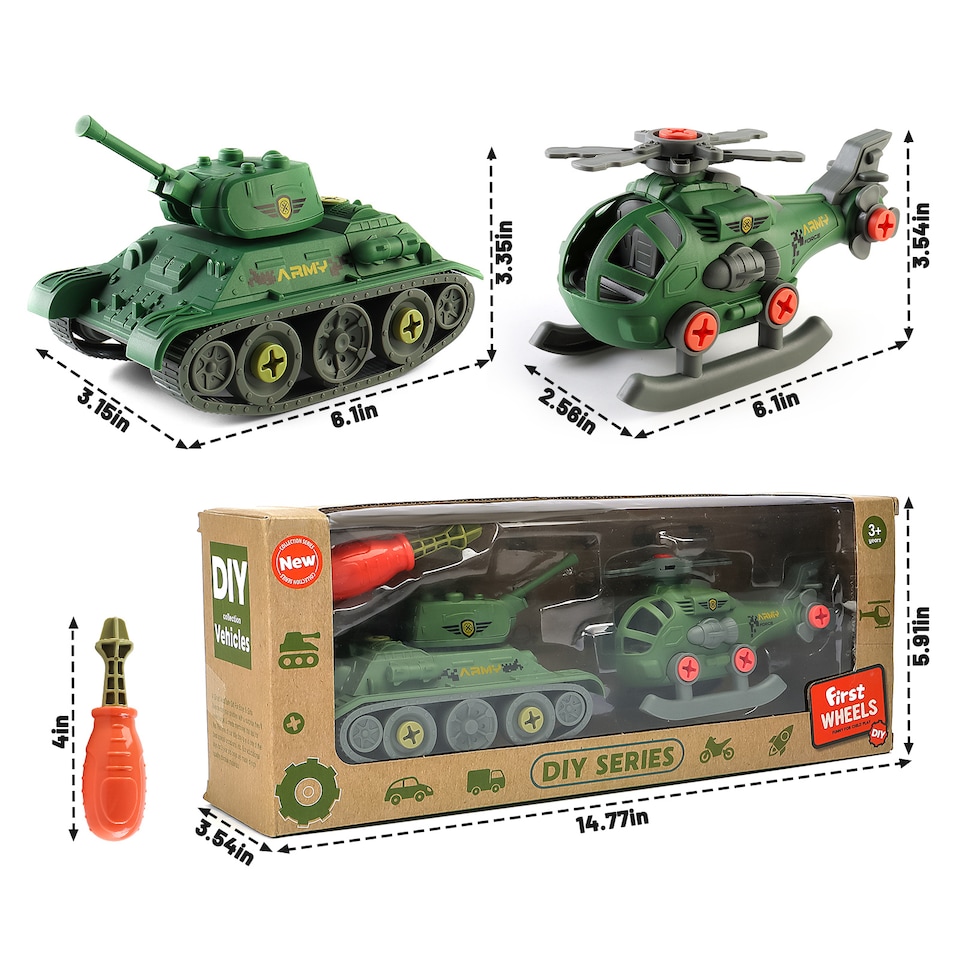 image 1 of DIY My First Wheels Set – Army Tank & Helicopter (Take-Apart & Build Kit)